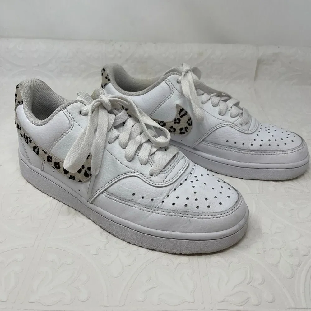 Nike Court Vision Low 'Leopard Swoosh' women's sneakers in white Sz 6.5